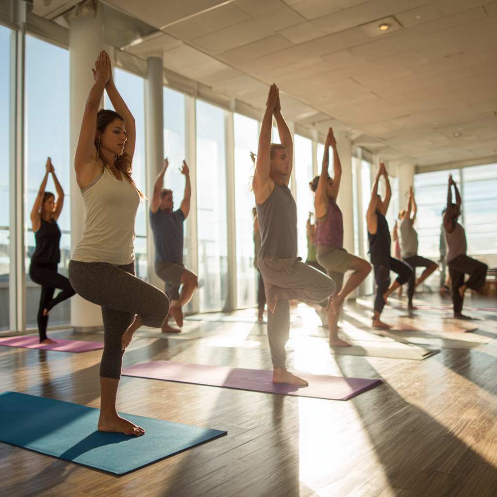 group of adults practicing yoga in bright studio with natural lighting