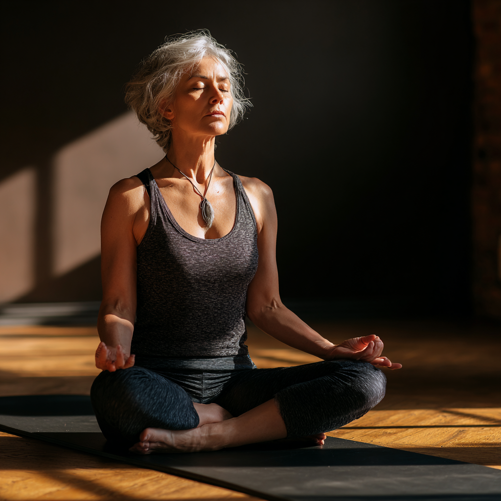 mature woman practicing yoga meditation in peaceful studio environment